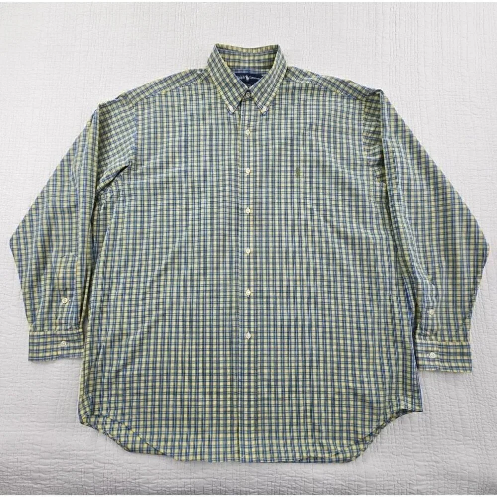 Ralph‎ Lauren Blake Shirt Men's L Yellow Blue Check 100% Cotton EUC Classic LS